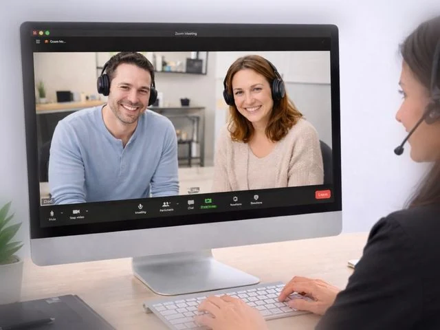Sesión de teleconsulta virtual en pantalla con la especialista y padres de familia